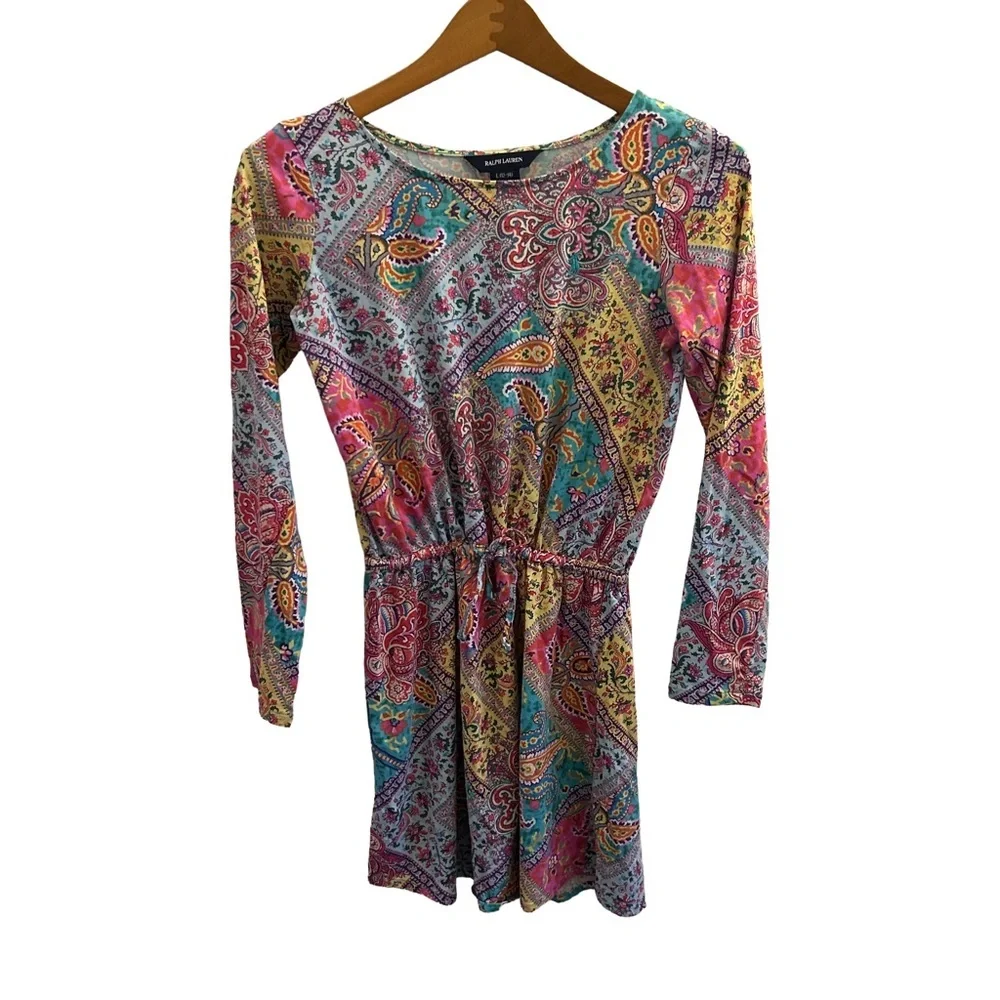 Ralph Lauren Girls Multicolor Paisley Long Sleeve Dress Drawstring Waist L 12/14